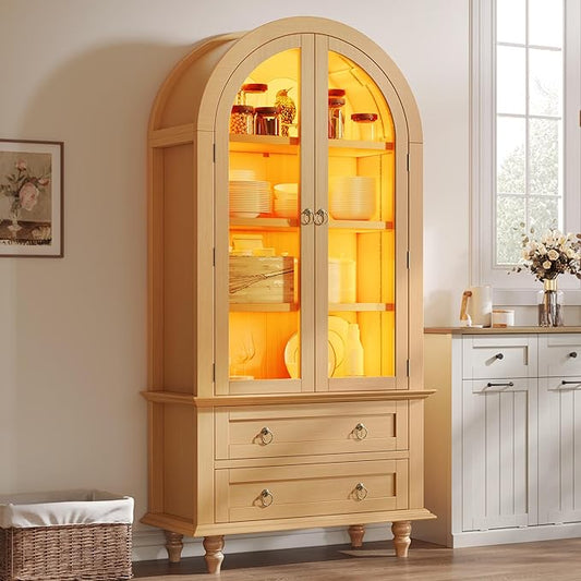 YITAHOME 73" Arched Pantry Cabinet with LED Lighting, 2 Drawers & Multi-Tier Shelves, Modern Farmhouse Kitchen Storage with Ambient Lighting for Dining Room, Natural
