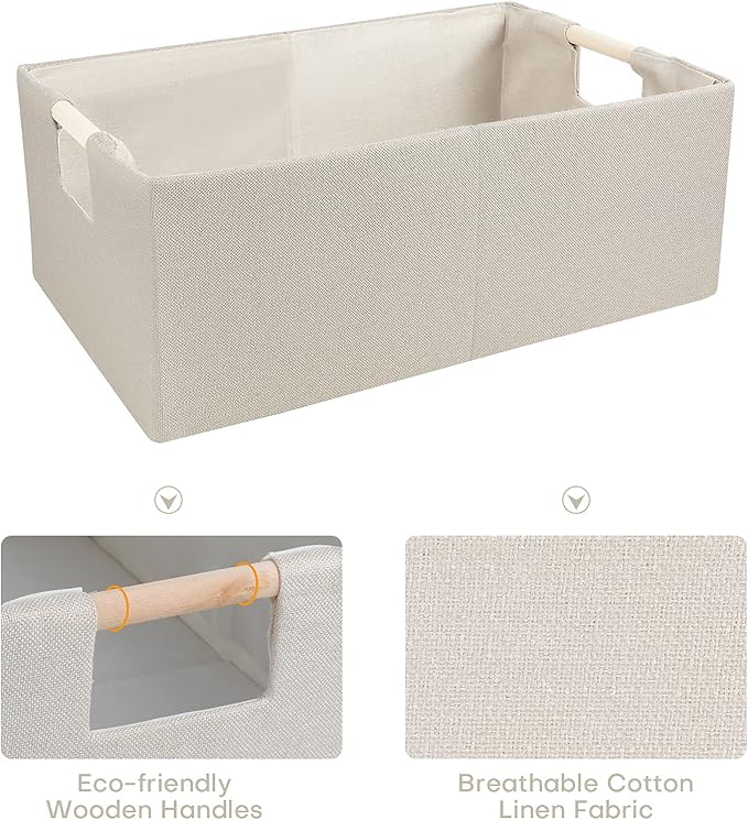 ANMINY 4PCS Storage Baskets for Organizing Collapsible Fabric Storage Bins Boxes with Wood Handles Closet Shelves Cube Organizer Bins Clothes Laundry Storage Container - Large, Beige
