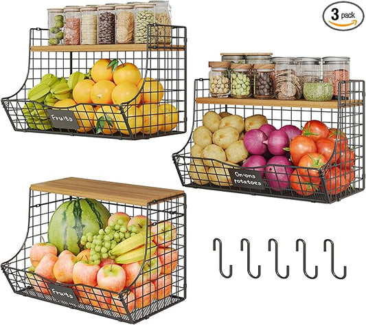 3 Pack Extra Large Fruit Basket for Kitchen with Wood Lid Nameplate - Counter&Wall Mounted Onion and Potato Storage Bin, Stackable Metal Hanging Wire Baskets,15.35 * 8.66 * 10.63 inch