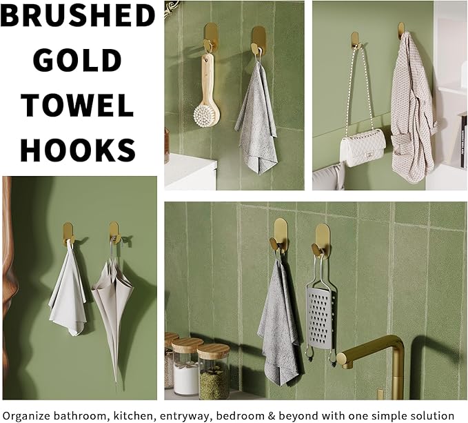 Adhesive Towel Hooks for Bathrooms 4 Pack Brushed Gold Stainless Steel and Zinc Alloy Sticky Wall Hooks for Hanging Heavy Duty Self Adhesive Robe Shower Hanger for Kitchen, Closet, Cabinet, Door