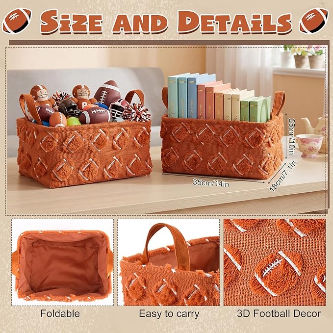 2 Pcs Brown Football Storage Baskets 14x10 Inch Easter Basket Sport Theme Room Decor Laundry Foldable Fluffy Storage Bin with Handle Closet Organizer for Countertop Tabletop Car