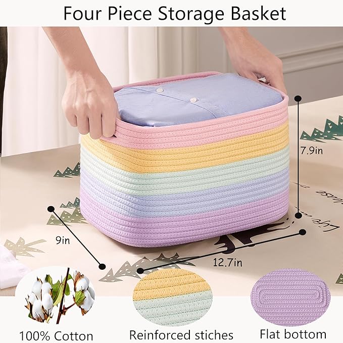 Rainbow Rope Basket for Storage 4 Pack Baskets for Shelves Woven Toy Storage Bins for Nursery Kids in Classroom 12.7"Lx9"Wx7.9"H Pastel Rainbow