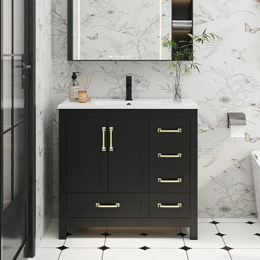 eclife 36" Bathroom Vanities with Sink Combo, Modern Thickened Wood Bathroom Storage Cabinet w/Undermount Sink, Matte Black Faucet Drain, Painted Surface, Black