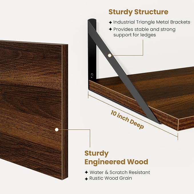 Deep Floating Shelves,24" Wx10 D Floating Shelf for Wall Set of 2,Hanging Storage Shelf with Metal Brackets,Wide Display Wall Shelves for Living Room,Bedroom,Bathroom,Kitchen,Walnut