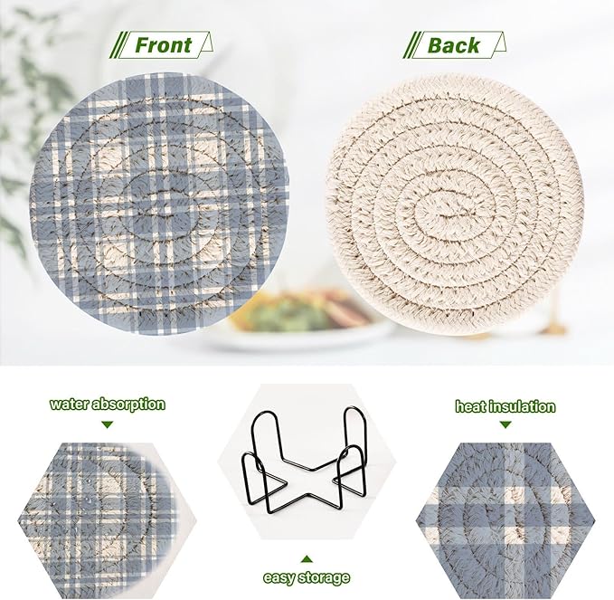 Minimalist Home Decor for Coffee Table, Kitchen, Drink Coasters, Light Blue Plaid Tartan Handmade Cotton Absorbent Coaster Set of 6, Housewarming and Wedding Registry Ideas