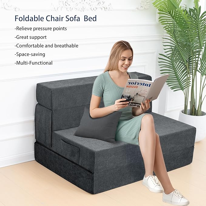 Folding Sofa Bed Chair with Pillow,Convertible Fold Out Chair Bed Sleeper,Foam Floor Mattress, Foldable Futon Couch Bed for Living Room/Dorm/Guest/Office (Grey, Twin)