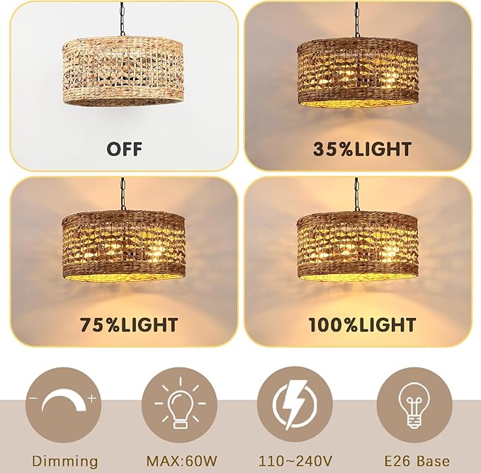Hand Woven Rattan Pendant Light, 18" 5-Light Wicker Dining Room Light Fixtures Boho Chandelier Coastal Large Hanging Ceiling Lights Natural Lighting for Kitchen Island Living Room Bedroom