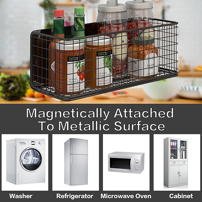 Magnetic Basket Fridge Large Magnetic Pen Holder Whiteboard Metal Wire Basket Storage Item Organizer (White-Low)