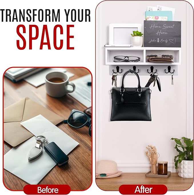 Spacelog Key and Mail Holder for Wall with Chalkboard – Magnetic Picture Frame Key Holder Wall Mount, White, Dual Storage & Cupboards