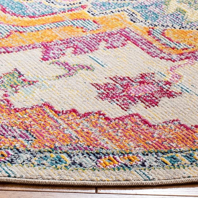 SAFAVIEH Crystal Collection Area Rug - 8' Round, Light Blue & Fuchsia, Medallion Distressed Design, Non-Shedding & Easy Care, Ideal for High Traffic Areas in Living Room, Bedroom (CRS501B)