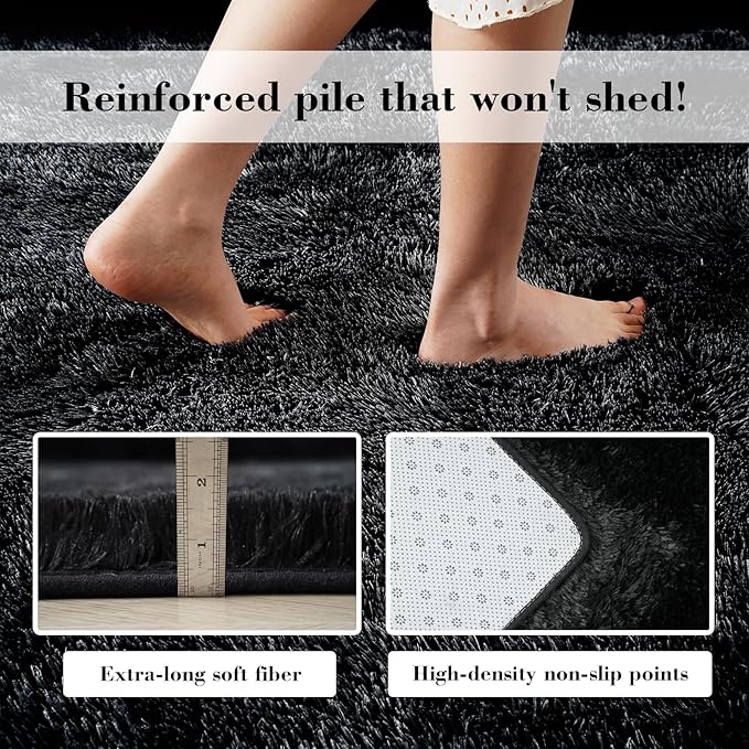 Fluffy Rug Shaggy Area Rug, Black 10x14 Area Rugs for Bedroom, Super Soft Shaggy Rugs for Living Room Bedroom Kids Room Home Decor, Upgrade Anti-Skid Rectangular Fuzzy Rug