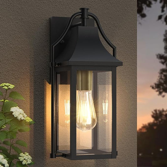 Dusk to Dawn Outdoor Wall Light, Waterproof Wall Sconces, Exterior Wall Mount Lantern Sconce with Glass, Black Patio Lanterns for House Garage Front Door, 14.8in, 1 Pcak