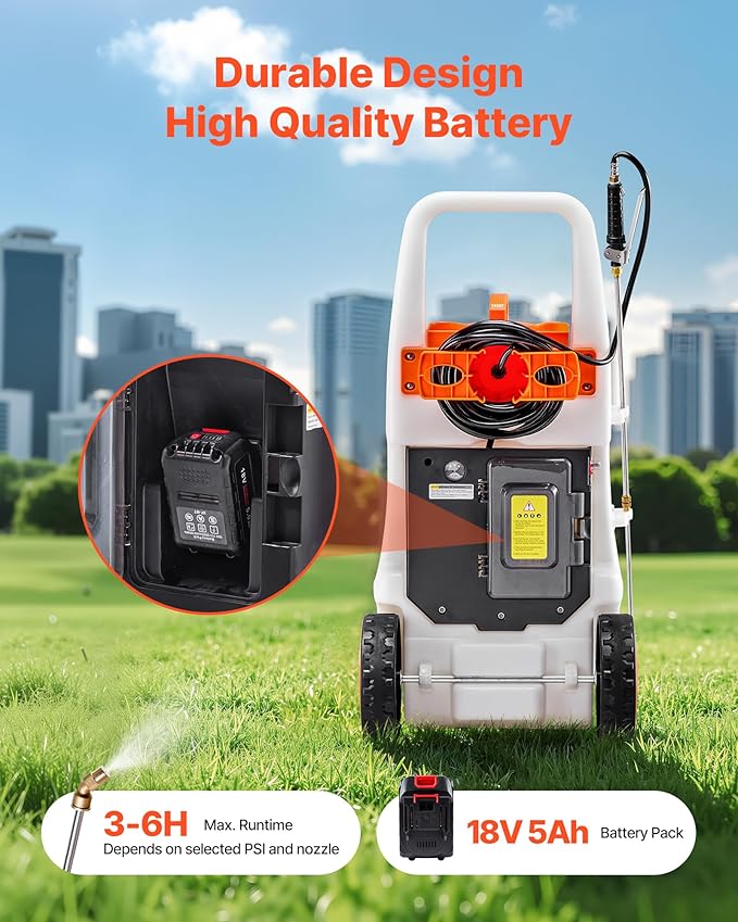 13.1 Gallon Battery Powered Sprayer with Wheels, Adjustable 0-80 PSI, 5 Nozzles and 98ft Hose Included, Orange
