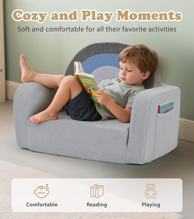 Kids Couch, 2-in-1 Soft Toddler Couch Fold Out with Blanket, Comfy Toddler Chair, Convertible Sofa, Gifts for Kids Girl Boys, Medium Blue Rainbow
