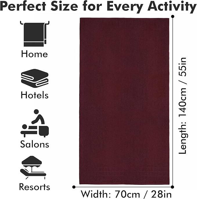 Bath Towels Set of 4 – 100% Cotton Burgundy Extra Large Towels for Bathroom, Spa Use (55x28 in) – Super Soft and Quick Dry Large Bath Sheets for Adults