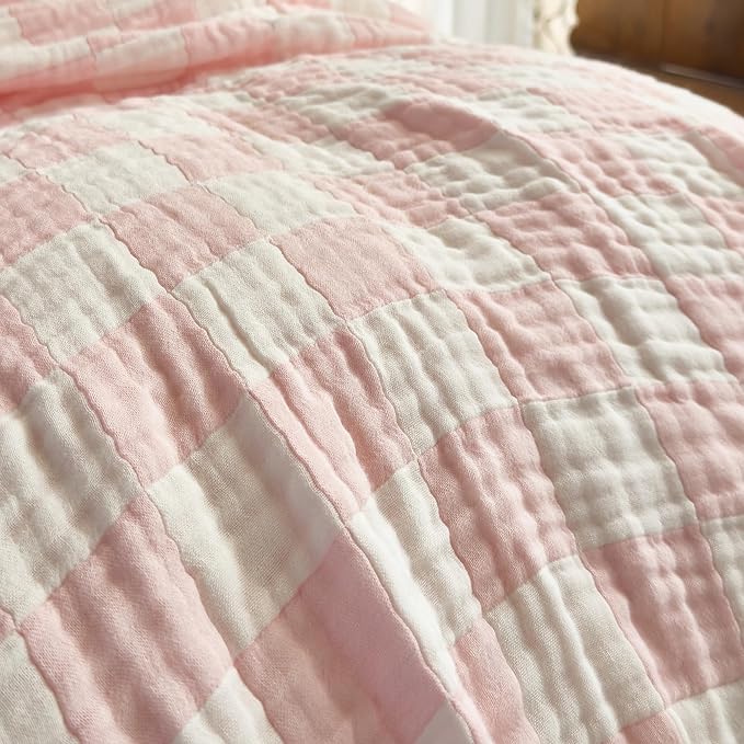 Muslin Blankets for Adults King Size 100% Cotton 6-Layer Gauze Pink Checkered Bed Blanket Lightweight Soft Breathable Christmas Blanket Gift for Women (Pink Checkerboard, King 90" X 104")