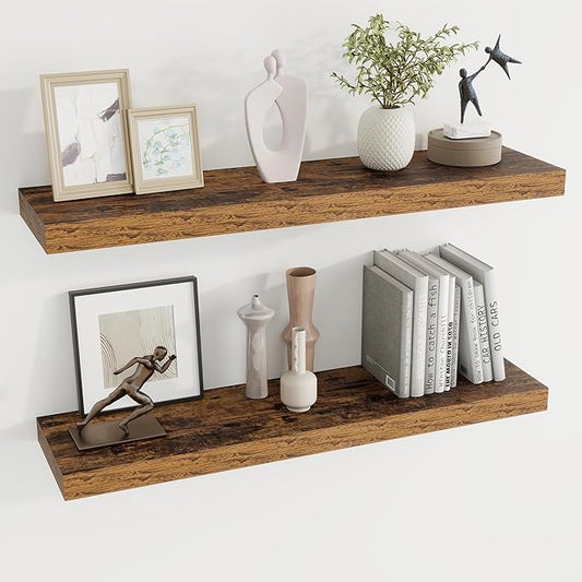 Dreamland 36 Inches Floating Shelves for Wall,8 Inch Deep Floating Shelves Set of 2, Large Display & Storage Shelf, Wall Shelf for Bathroom Bedroom Living Room Kitchen Office,Rustic Brown