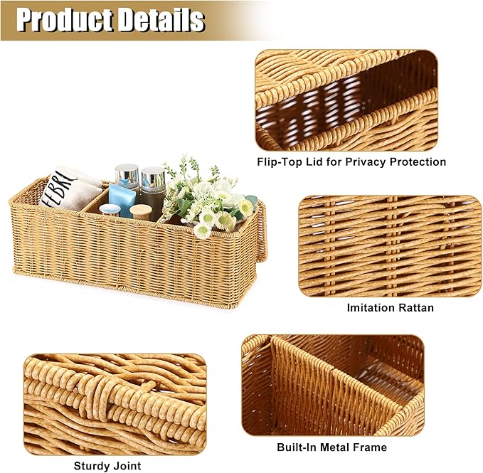 Sumnacon Wicker Storage Basket with Lid, Rectangular Narrow Baskets for Bathroom, Farmhouse Imitation Rattan Bin with Dividers, Decorative Handwoven Tray Organizer for Countertop Shelves Toilet Tank