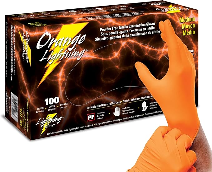 Atlantic Safety Products Orange Lightning Exam Gloves, Disposable, Powder-Free Nitrile Gloves, Orange, Medium, 100-Ct