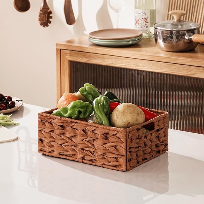 Storage Baskets with Label — Wicker Pantry Baskets for Shelves, Waterproof Woven Basket for Organizing, 2-Pack Plastic Rectangle Organizers with Handles, Light Brown (10L×8H×4W)