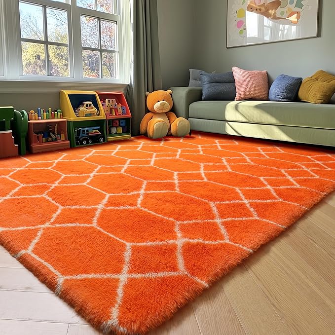 ONASAR Rugs for Living Room Bedroom, 5x8 Fluffy Orange and White Area Rug, Geometric Boho Soft Plush Shaggy Fuzzy Floor Carpet for Nursery Kids Girls Boys Teen Dorm Home Decor Aesthetic