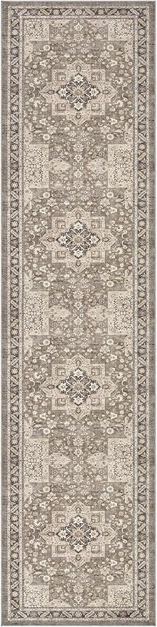 Vintage Hallway Runner Rug 3x12: Large Soft Washable Entryway for Kitchen Laundry Room Non-Slip Backing Runner for Entrance Living Room Bedroom Bathroom - Brown
