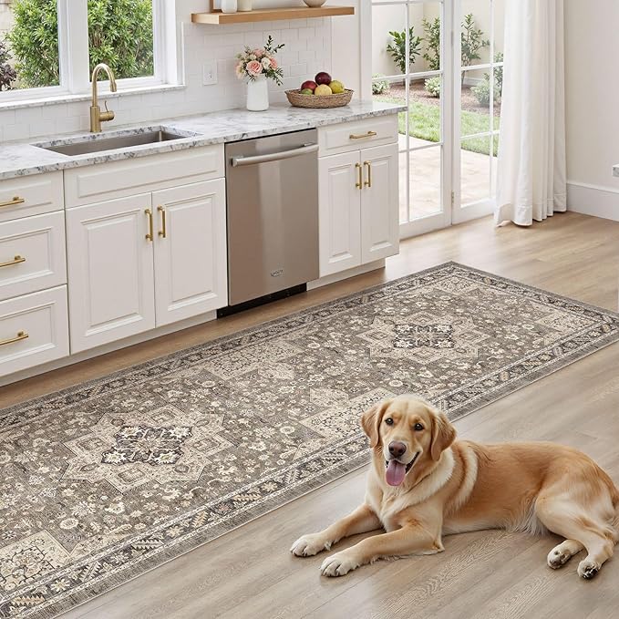 Vintage Hallway Runner Rug 3x12: Large Soft Washable Entryway for Kitchen Laundry Room Non-Slip Backing Runner for Entrance Living Room Bedroom Bathroom - Brown