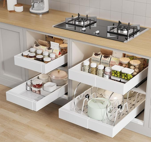 4 Pack Pull out Cabinet Organizer 21" Deep With Raising Pad for Framed Cabinets, Expandable (9"-14" W) Slide out Drawers for Kitchen Cabinets with 4pcs Divider Racks, Roll out Shelves, White