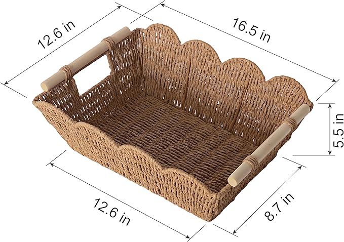 Scalloped Basket with Wooden Handle, Water Hyacinth/Seagrass/Wicker Storage Baskets, Hand Woven Baskets for Shelves,Natural Baskets for Organizing (2 Pack Paper Rope, 16.5 * 12.6 * 5.5“)
