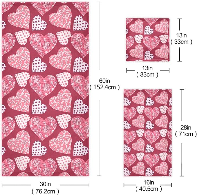 Pink Plaid Hearts Towels Set of 3 Romantic Love Dot Spring Bathroom Towel Soft Absorbent Bath Hand Towels Washcloth Guest Towel Sets Mother's ValentineDecorations