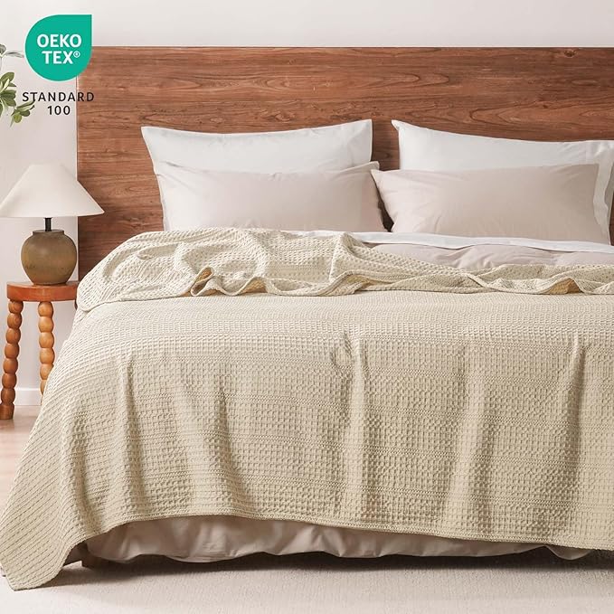 PHF Lightweight Waffle Weave Blanket Queen Size 90"x 90", Soft Woven Summer Blanket for Hot Sleepers - Aesthetic Home Decor for Couch Bed Sofa, Pet Friendly, Khaki