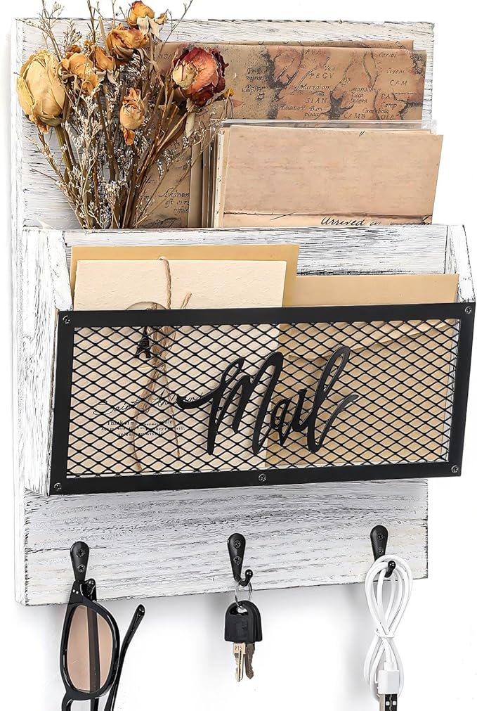 Farmhouse Mail Organizer Wall Mounted Rustic Mail Holder Hanging Key Sorter with 3 Hooks Indoor Wooden Wall Mounted, Letter, Magazines, Newspapers, Keys(Classics,White Gray)