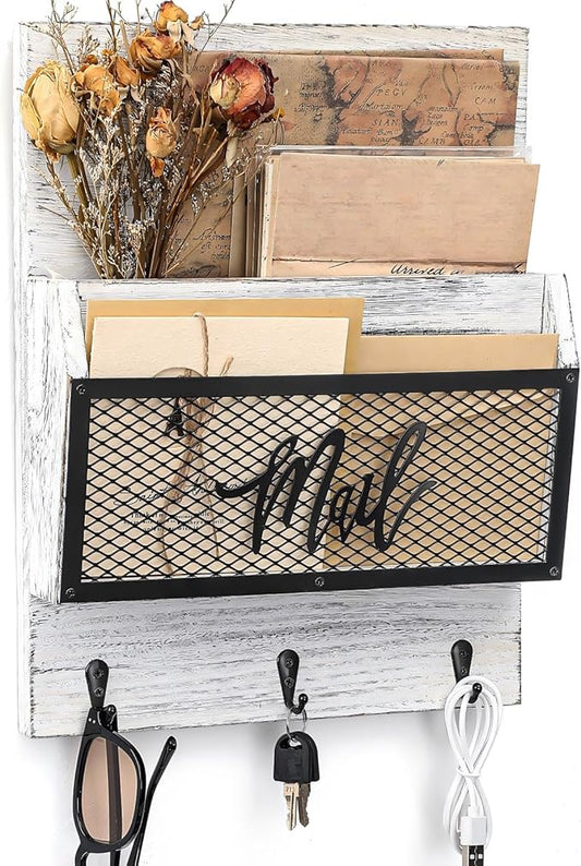 Farmhouse Mail Organizer Wall Mounted Rustic Mail Holder Hanging Key Sorter with 3 Hooks Indoor Wooden Wall Mounted, Letter, Magazines, Newspapers, Keys(Classics,White Gray)