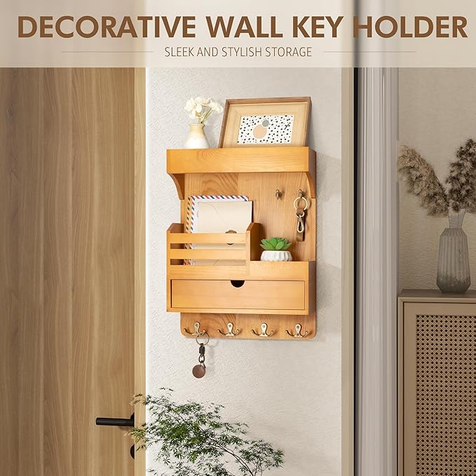 Modern Farmhouse Key Holder Wall Mount with Drawer Organizer – Pine Wooden Mail and Key Organizer with 6 Durable Hooks & Floating Wall Shelf – Ideal for Brightening Up Your Home Decor (Light Brown)