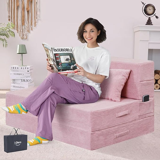Folding Sofa Bed, 4 in 1 Convertible Sleeper Chair with Pillow, Twin Memory Foam Fold Out Chair Bed, Modern Floor Futon Sofa Couch Mattress for Living Room/Guest/Apartment, Pink