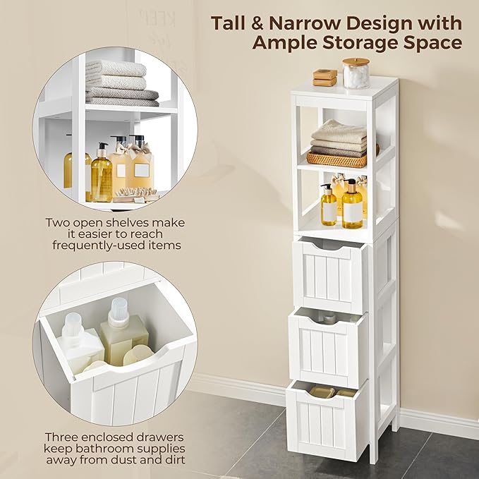 Yaheetech 56” Tall Bathroom Storage Cabinet, Slim Storage Organizer with 3 Drawers & 2 Shelves, Narrow Freestanding Floor Cabinet for Living Room/Hallway/Corner/Small Space, White