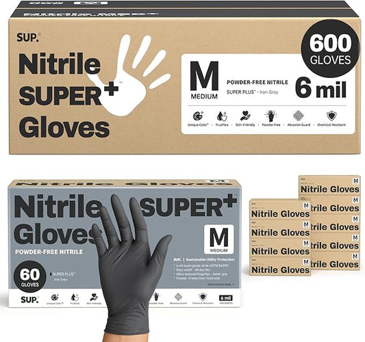 SUPER+ Black Nitrile Gloves HEAVY DUTY 6 Mil Disposable Chemical Resistant Powder & Latex Free Medical Cooking Cleaning 600Ct