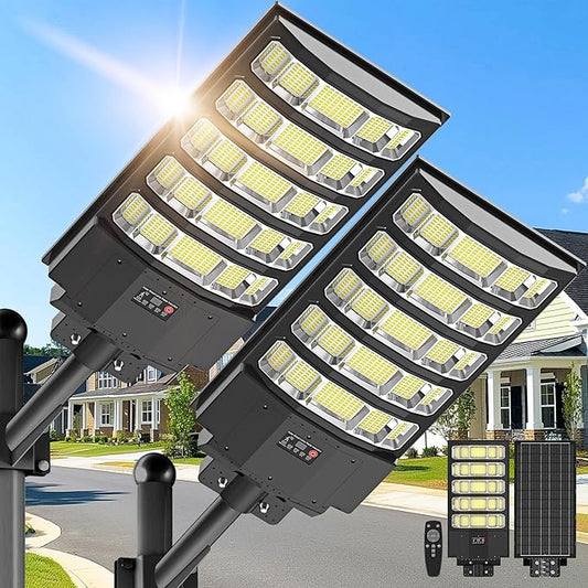 Solar Street Light Outdoor, 10000W Solar Lights Outdoor Waterproof with Motion Sensor, IP66 Solar Flood Lights for Yard, Pathway, Parking Lot - 350° Wide Angle & Remote Control Included (2 PACK)
