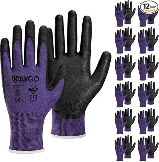 KAYGO Work Gloves for Men and Women,12 Pairs Seamless Knit PU Coated Safety Gloves, with Smooth Grip on Palm and Fingers, Ideal for Light Warehouse, Manufacturing, Gardening, KG11P (XL, Purple)