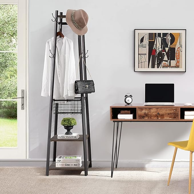 VECELO Coat Rack Freestanding,Hall Tree with Metal Basket and Storage Shelves,Industrial Coat Rack Stand with 8 Hooks for Hanging Coats/Hats/Bags/Umbrellas,18 x 18 x 72 In,Walnut Brown