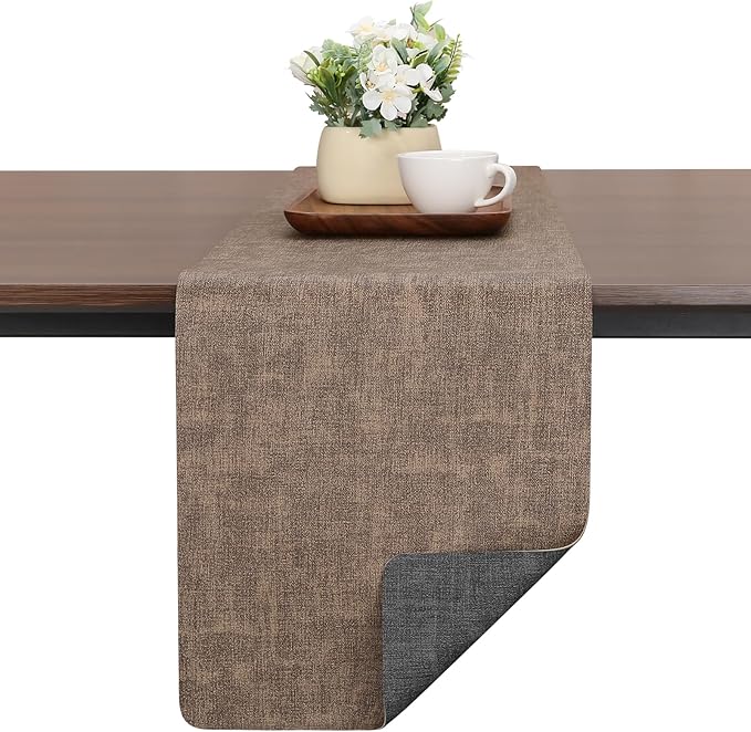 Table Runners 94 Inches Long, Dual-Sided Faux Leather Farmhouse Table Runner Waterproof Heatproof Non-Slip for Living Room Party Home Decor Holiday Decorations(Gray Brown, 15 x94 Inch)