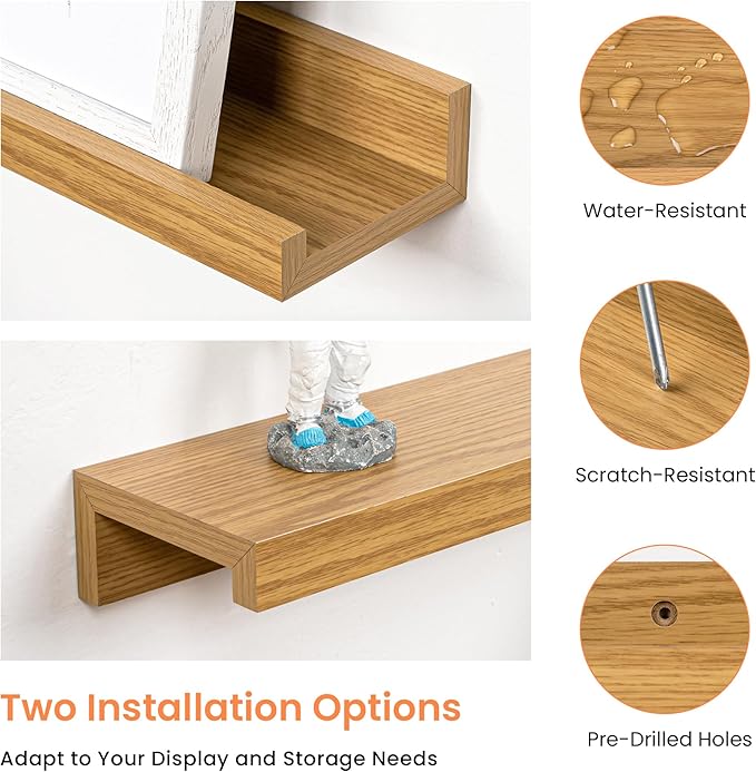 RICHFOCUS Picture Ledge Shelf, 30 inch Floating Shelves Set of 2, Wood Wall Shelves with Lip, Wall Decor Storage for Bedroom Living Room Bathroom Kitchen Nursery Photo Picture, Oak