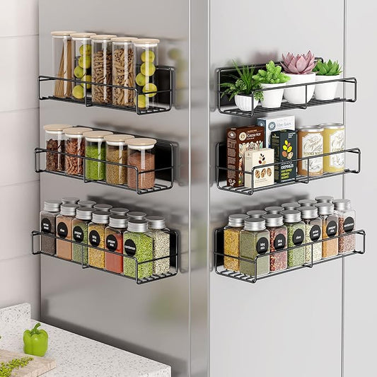 6 Pack Magnetic Spice Rack Organizer, Space Saver for Refrigerator and Whiteboard, Metal Fridge Shelf for Kitchen and Classroom, Black