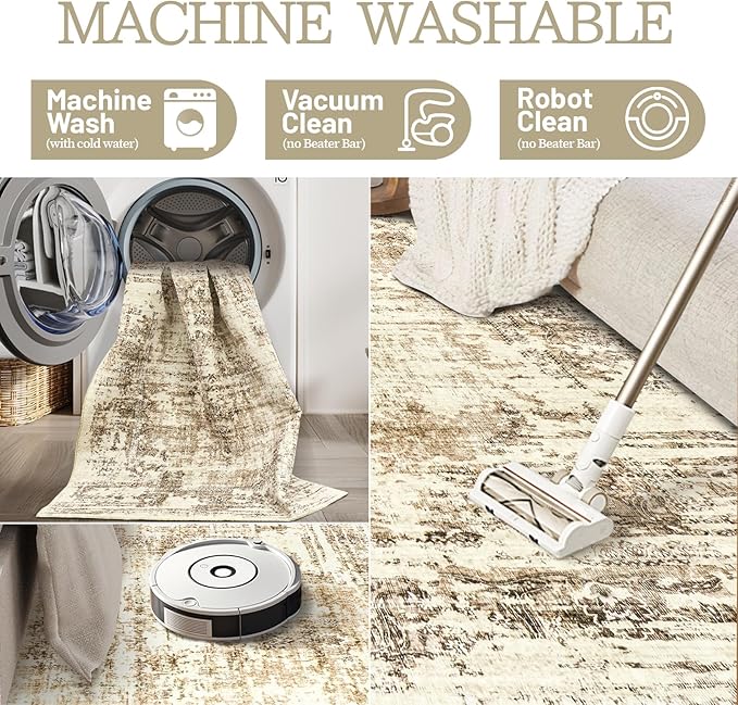 Madane 8x10 Area Rugs for Living Room, Machine Washable Vintage Natural Rug with Anti-Slip Backing, Soft Large Throw Rugs, Low Pile Carpet for Bedroom Dining Room Farmhouse Brown