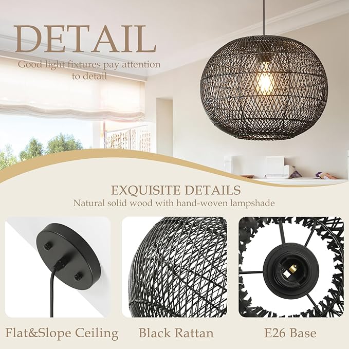 Black Rattan Pendant Light, 16in Globe Rattan Chandelier Boho Wicker Hanging Lighting Fixture Black Woven Chandelier for Dining Room Kitchen Island Living Room Bedroom Foyer Entrance