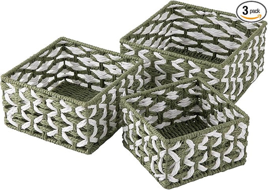 OIAHOMY Storage Baskets Paper Rope Shelf Baskets, Handwoven Small Wicker Bins for Home, Set of 3-Green & White