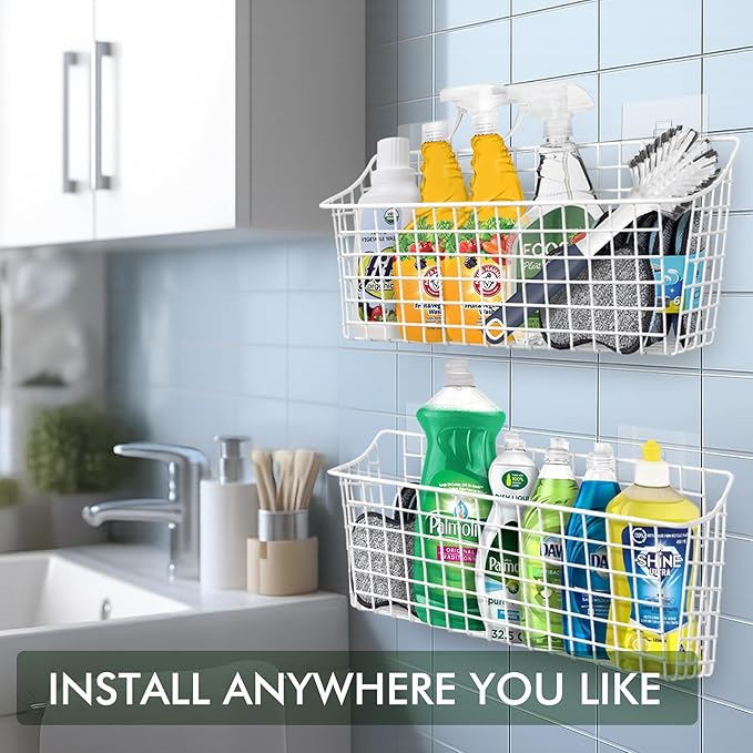 Large Wall Hanging Baskets - 2 Set Rustproof Rubber Coating Wall Shelving Organizers - Metal Wire Basket Storage No Drill Adhesive Wall Mount for Shower Kitchen Laundry Pantry Cabinet RV (White)