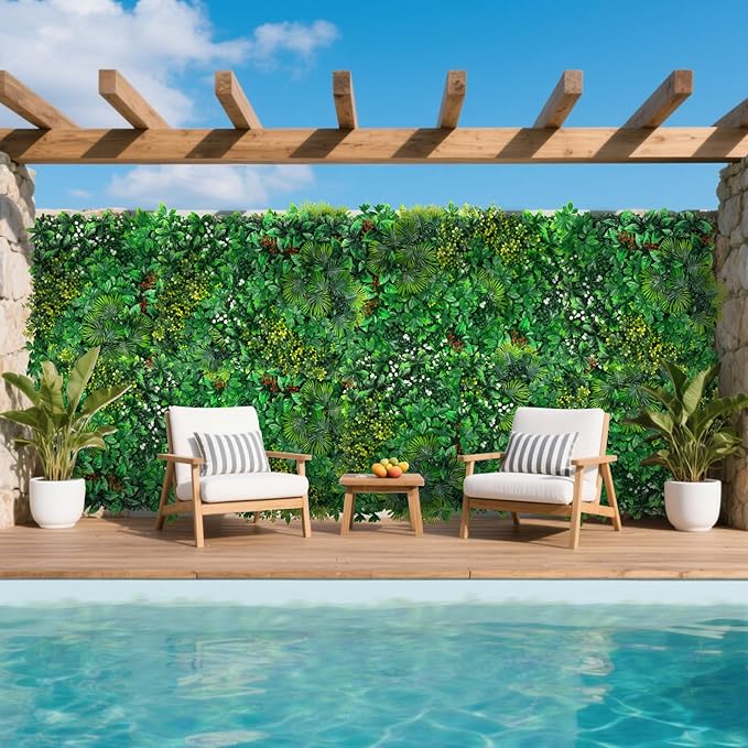 Artificial Grass Wall Panels, 20''x20'' 12pcs Boxwood Wall Panels with Tropical Leaves, Faux Greenery Privacy Fence Screen, Grass Backdrop for Outdoor Indoor Garden Birthday Wedding Decor