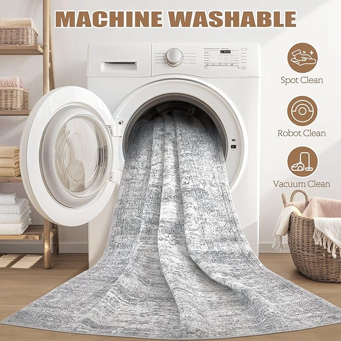 2x3 Entryway Area Rug: Washable Neutral Modern Abstract Small Rug - Non-Slip Low Pile Throw Indoor Carpet for Entrance Kitchen Front Door Mat Bathroom Entry Kids Room - Vintage Grey