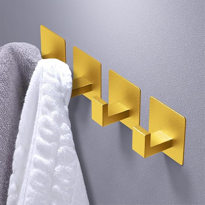 VAEHOLD 6PACK Adhesive Towel Hooks, Heavy Duty Wall Hooks Aluminum Black Hooks for Hanging Coat, Hat, Towel, Robe, Clothes, Shower Hook for Door, Office, Kitchen, Bathroom (Gold)